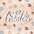 Beige winter pattern card with gingerbread houses and inscription `Winter`